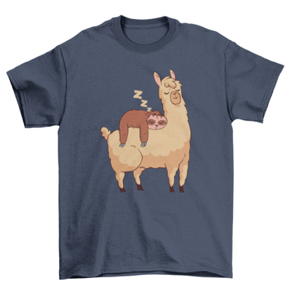 Sleeping Sloth Riding Llama Illustration T-shirt