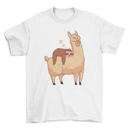 Sleeping Sloth Riding Llama Illustration T-shirt