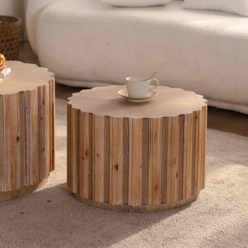 Round Nesting Coffee Tables Set of 2 with Vertical Slatted Wood-Look